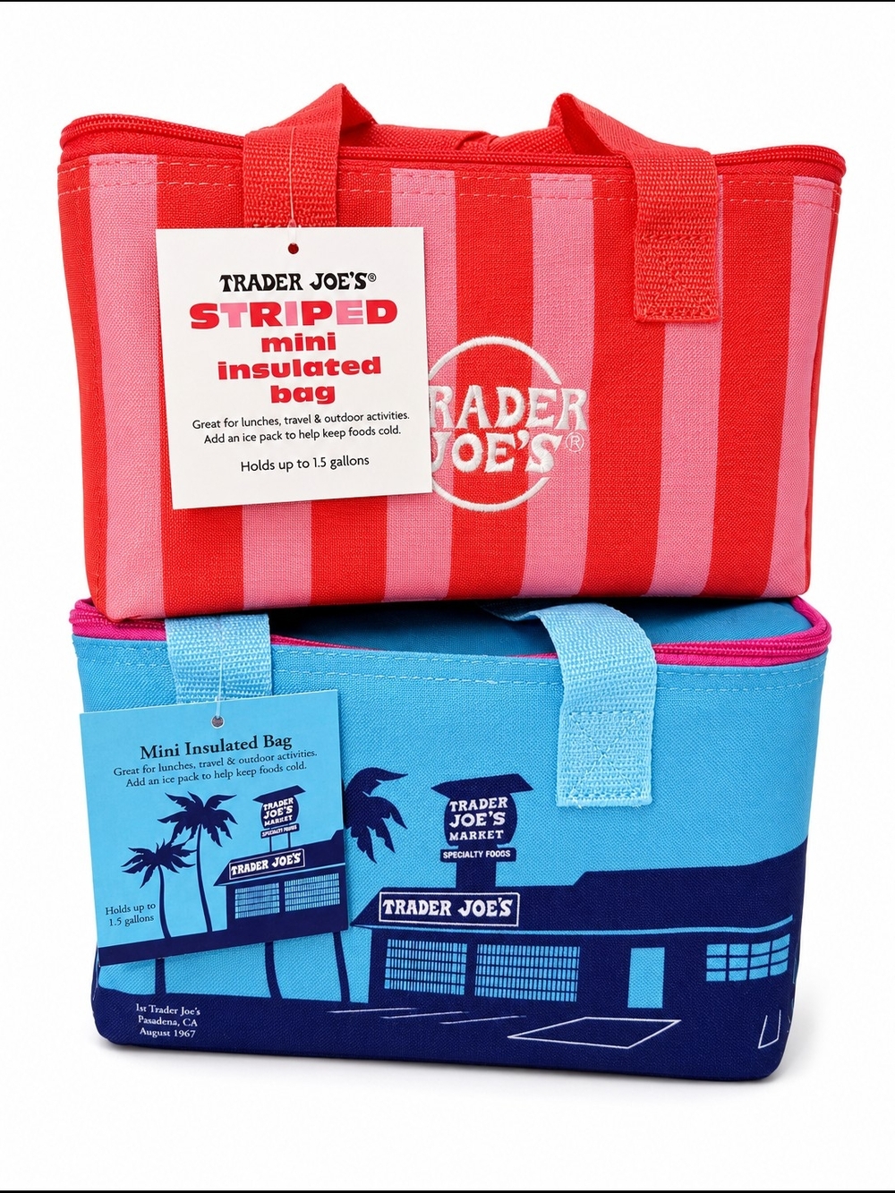 NWT! Trader Joe's Striped Orange & Pink Mini Insulated Bag AND Blue & Pink Bag